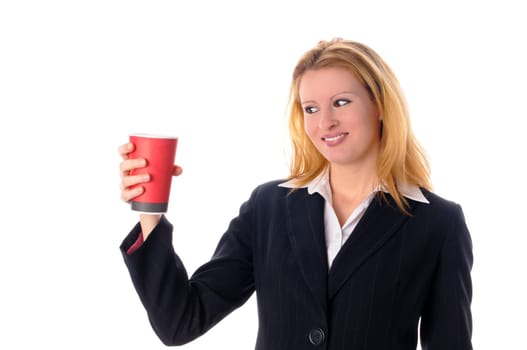Attractive young woman with long blond hair in a business outfit isolated against a white background.