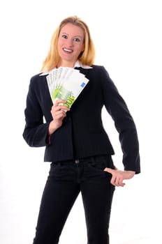 Attractive young woman with long blond hair in a business outfit isolated against a white background.