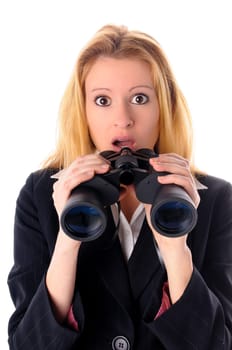 Attractive young woman with long blond hair in a business outfit isolated against a white background.