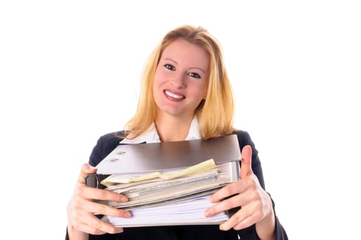 Attractive young woman with long blond hair in a business outfit isolated against a white background.