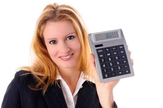 Attractive young woman with long blond hair in a business outfit isolated against a white background.