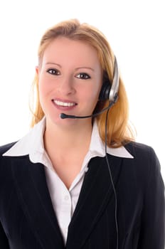 Attractive young woman with long blond hair in a business outfit isolated against a white background.