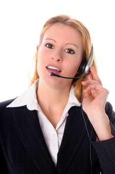 Attractive young woman with long blond hair in a business outfit isolated against a white background.