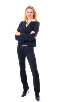 Attractive young woman with long blond hair in a business outfit isolated against a white background.