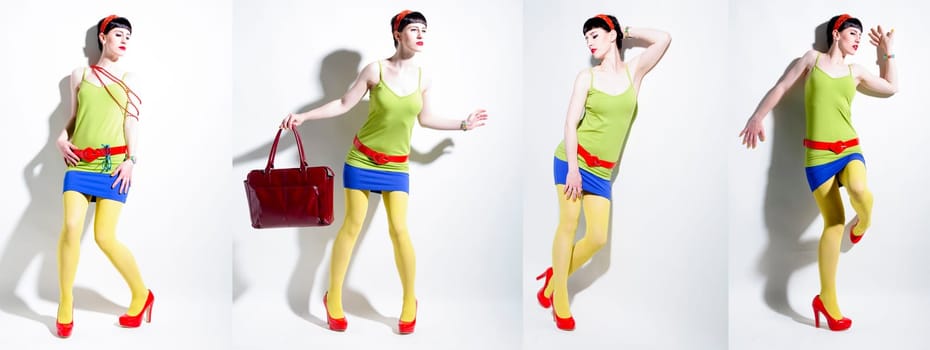 Young woman with black straight hair wears colorful mixed clothes and stands in front of a white background.