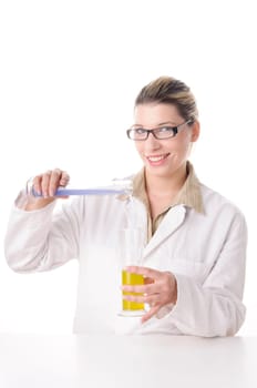 A young pretty woman wears a white coat and handles chemicals and glass bulbs,insulated against a white background.