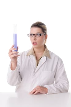 A young pretty woman wears a white coat and handles chemicals and glass bulbs,insulated against a white background.