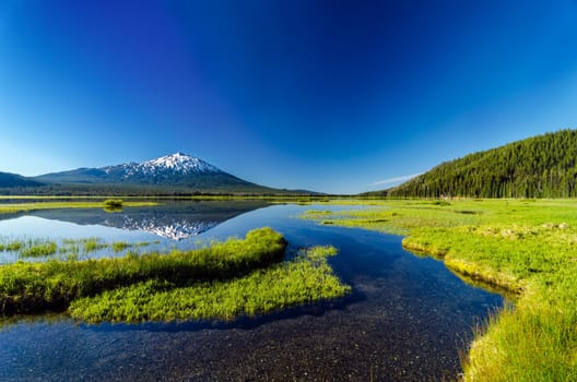 Mount Bachelor being reflected in Sparks Lake as seen from a meadow near Bend, Oregon