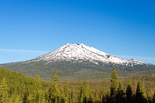 Mount Bachelor near Bend, Oregon in the early summer with a lot of snow still on the top