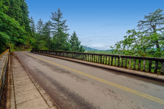 Historic Highway 30 passing through the Columbia River Gorge in Oregon