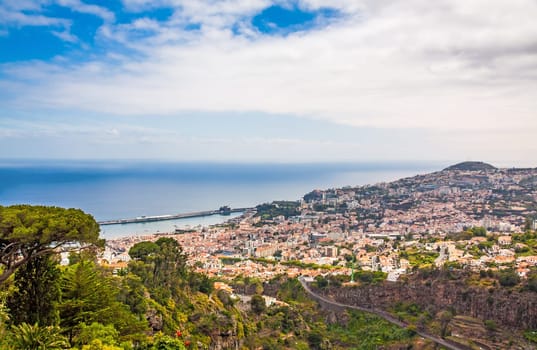 Panoramic view over Funchal, Madeira, Portugal with its harbor