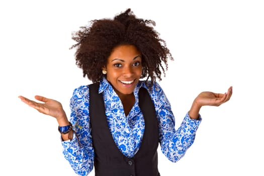 Laughing Afro-American woman exposed on white background