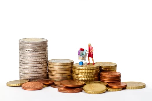 Concept Shopping with model figure and euro coins