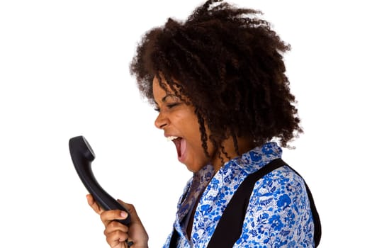 Annoyed African-American woman on the phone - cropped on white background