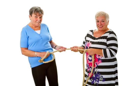 Senior citizens pull together - released on a white background