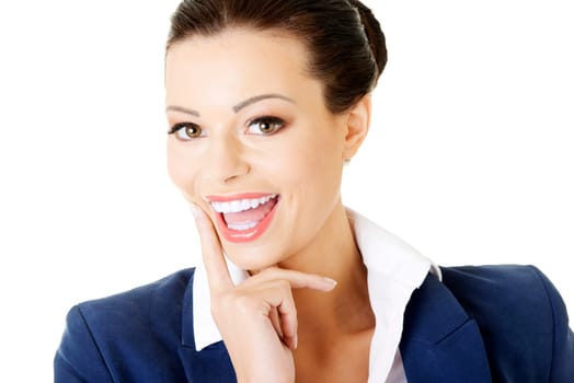 portrait of happy businesswoman isolated on white