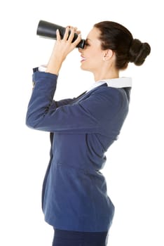 businesswoman with binoculars searching for business oportunity in the future. isolated on white background.