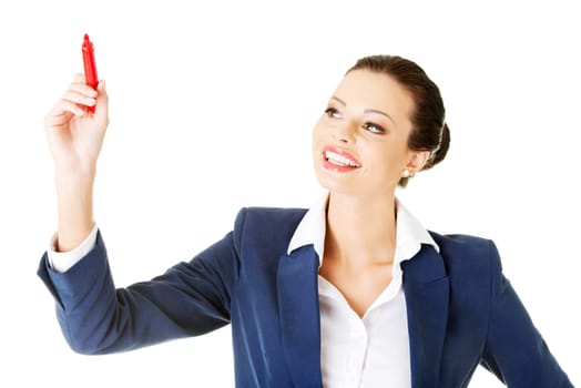 businesswoman with a marker,isolated on white background
