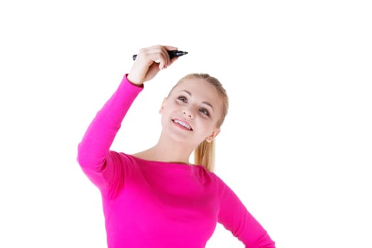 young student woman writing something on abstract screen with a marker