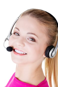 young call center assistant smiling,isolated