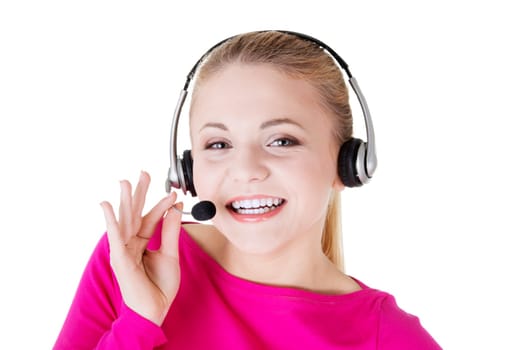 young call center assistant smiling,isolated