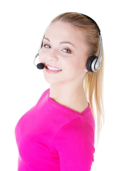 young call center assistant smiling,isolated