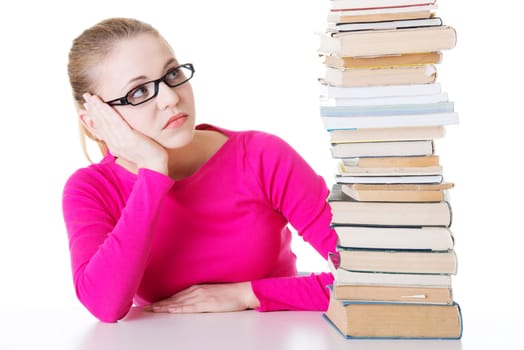 stack student girl learning for exam,isolated on white background