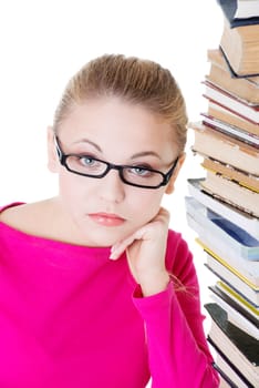 stack student girl learning for exam,isolated on white background