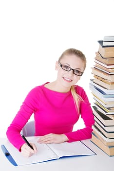 happy student girl learning,isolated on white background