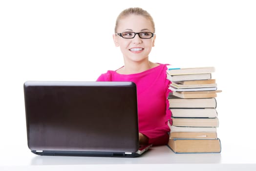 happy student girl learning with laptop,isolated on white background