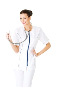 nurse or young doctor standing smiling. isolated on white background.