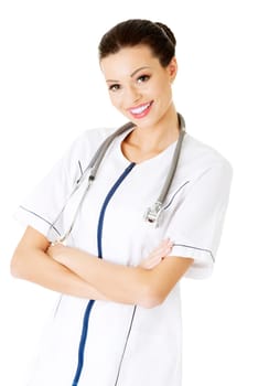 nurse or young doctor standing smiling. isolated on white background.