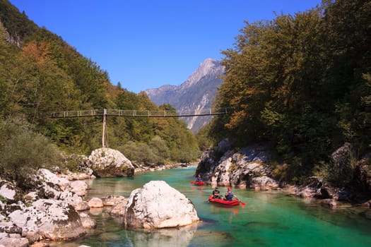 Minirafting in the summer on the Soca river, Slovenia