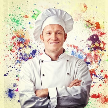 smiling chef and paint background