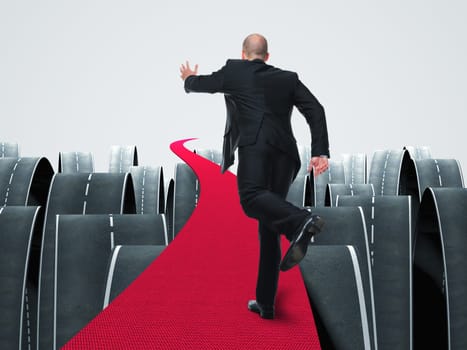man run on 3d red carpet abstract background