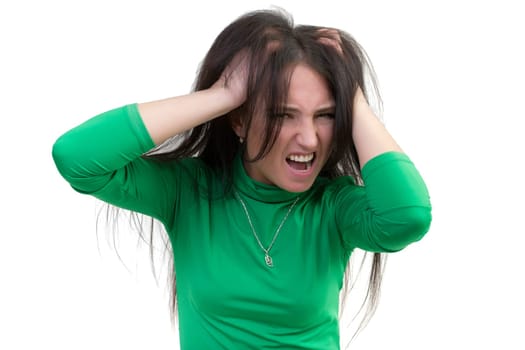 The girl is furious with disheveled hair