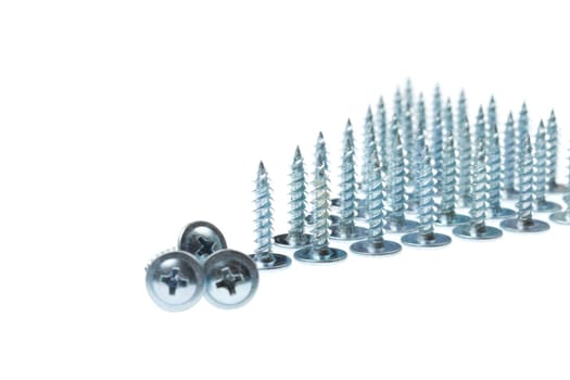 Built triangle silver screws on white background