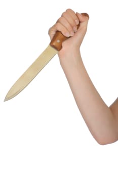 hand with a kitchen knife on a white background