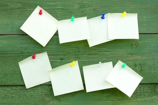 Green wooden wall with empty memo sticks