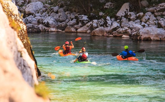 Kayaking in the summer on the Soca river, Slovenia