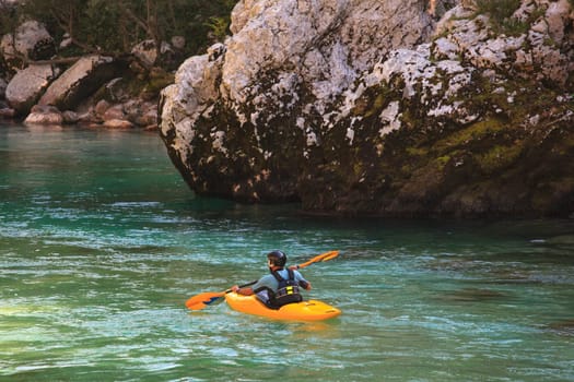 Kayaking in the summer on the Soca river, Slovenia