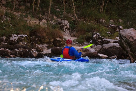 Kayaking in the summer on the Soca river, Slovenia