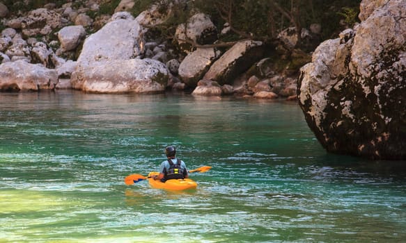 Kayaking in the summer on the Soca river, Slovenia