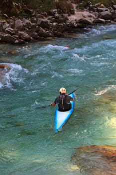 Kayaking in the summer on the Soca river, Slovenia