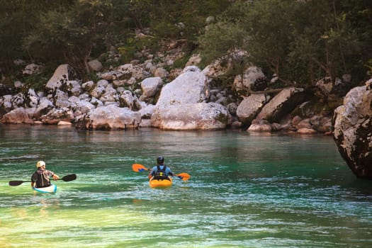 Kayaking in the summer on the Soca river, Slovenia