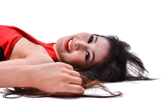 Portrait of a happy woman on a white background