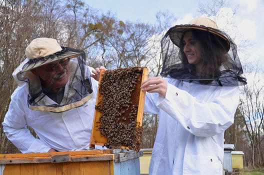 two beekeepers in apiary