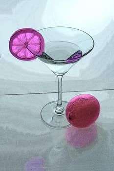 Martini glass with lemon slice and lemon from above posterized
