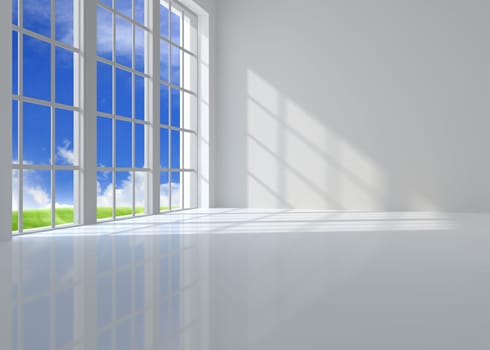 Large window room illuminated by sunlight