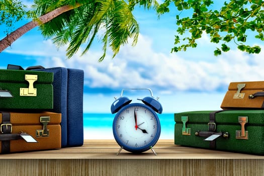 Three suitcases and a clock on a paradisical location